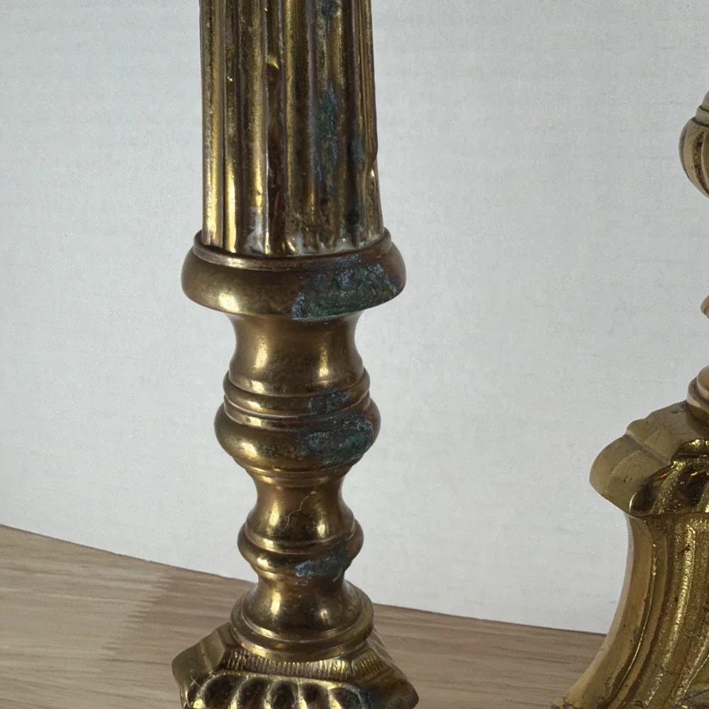 Set 3 Antique Church Altar Tall Brass Candlesticks Mary Joseph Jesus 20.5